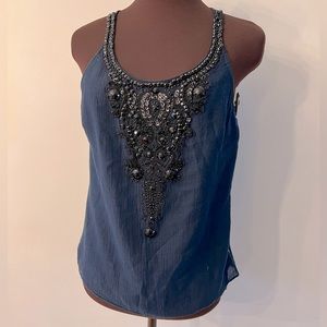 Magaschoni Collection Blue Cotton and Silk Top. Beaded front. EUC Size 8